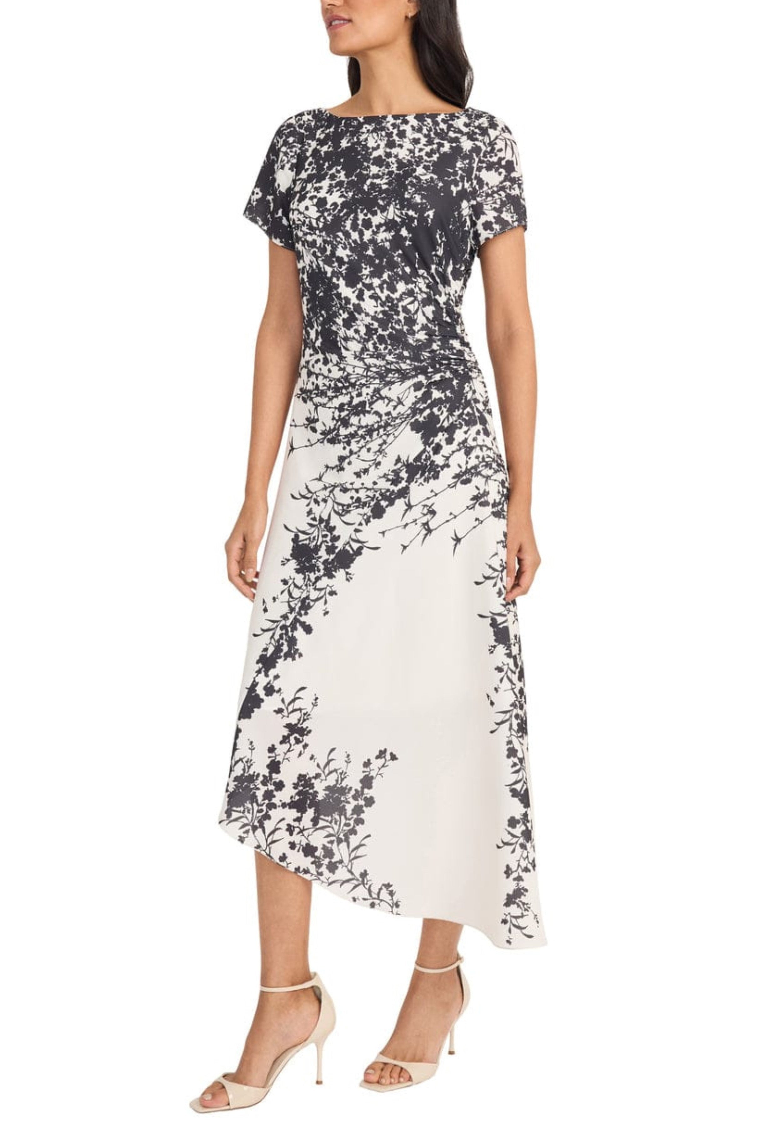 Flower Print Asymmetrical Cream Charcoal and Cream Green Short Sleeve Ruched Midi Dress by Maggy London G6370M