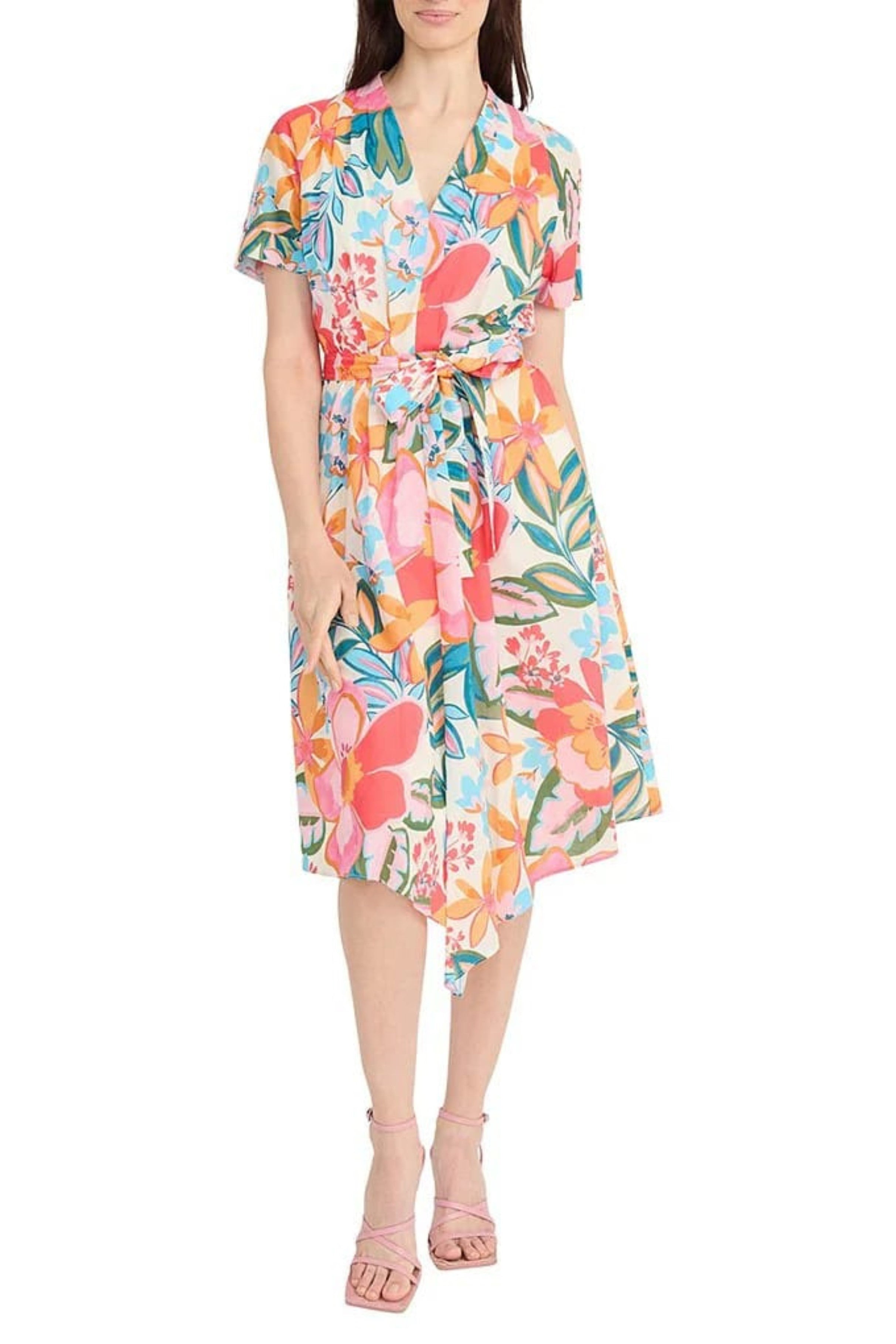 Flower Print A-Line Ivory Pink Short Sleeve Sash Belt Pocket High Low Midi Dress by Maggy London G6371M