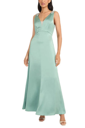 Maggy London G6393M Charmuse Evening Long Jade Sweetheart Neckline Rhinestone Detail Dress