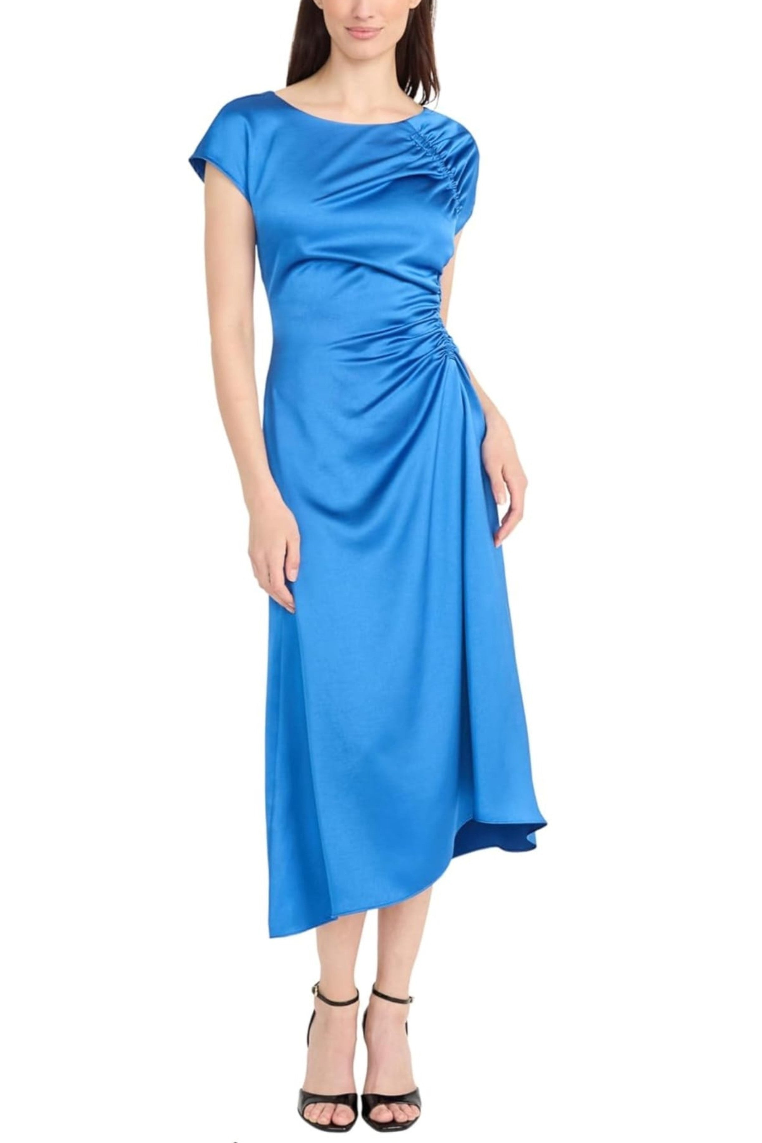 Boat Neckline Asymmetrical Blue Cap Sleeve Ruched Midi Dress by Maggy London G6395M