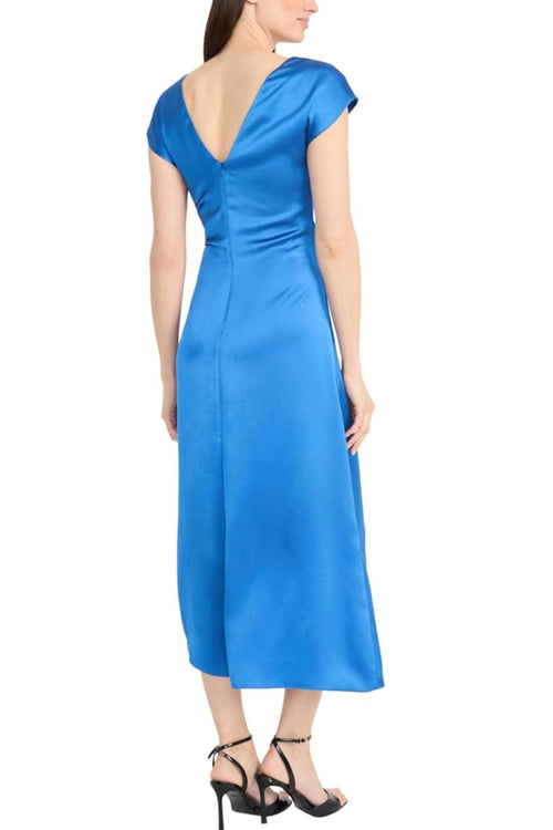 Boat Neckline Asymmetrical Blue Cap Sleeve Ruched Midi Dress by Maggy London G6395M