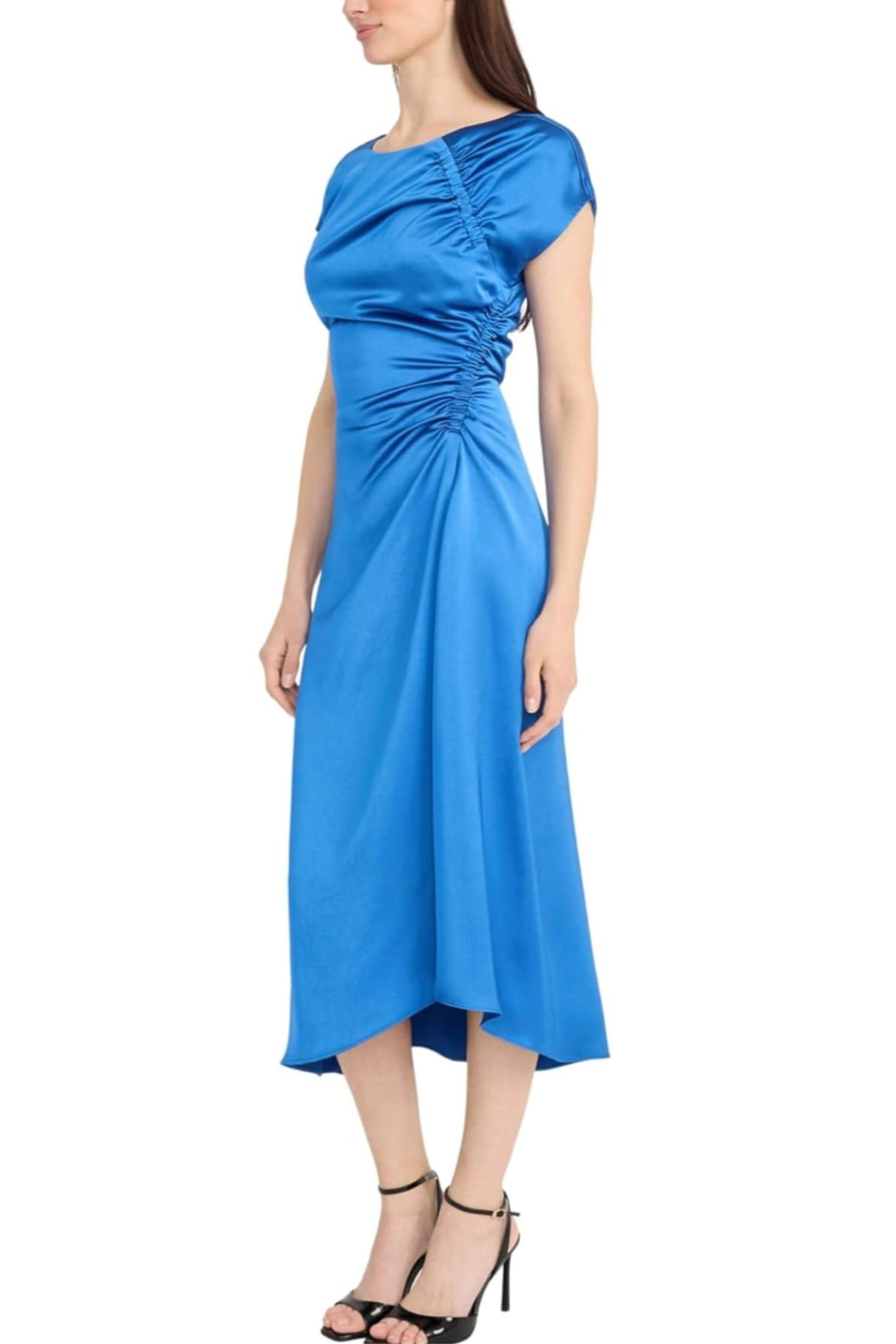 Boat Neckline Asymmetrical Blue Cap Sleeve Ruched Midi Dress by Maggy London G6395M