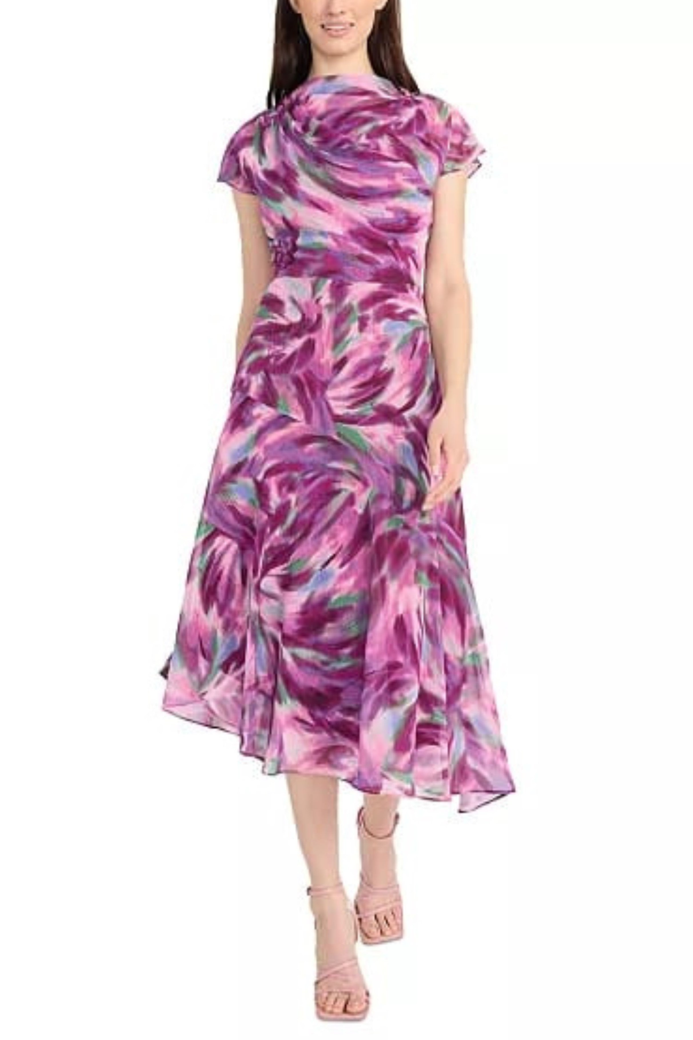 Multi Color Asymmetrical Perri Purple Cowl Neckline Short Sleeve Midi Dress by Maggy London G6418M