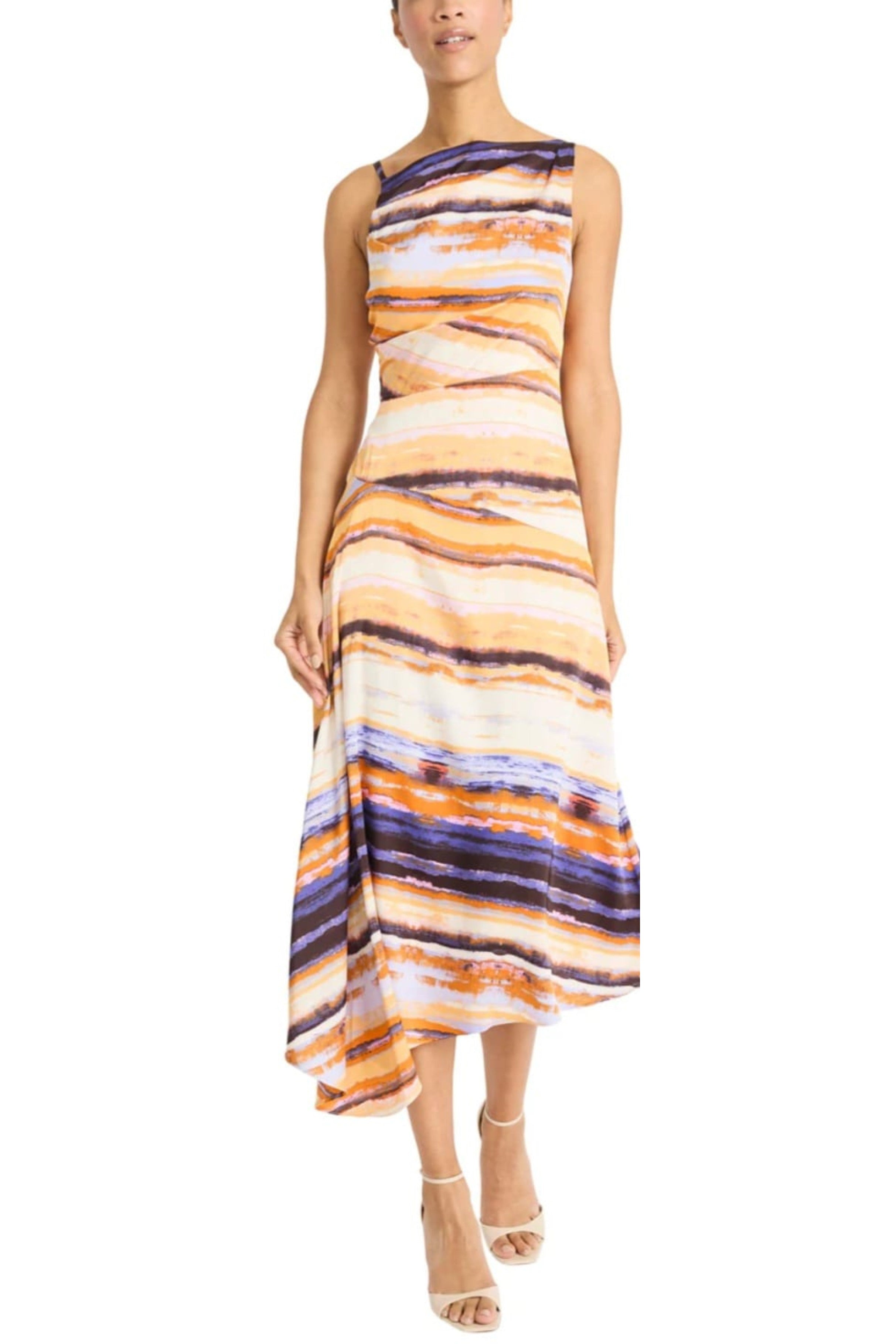 Multi Color Asymmetrical Ivory Orange Sleeveless Midi Dress by Maggy London G6434M