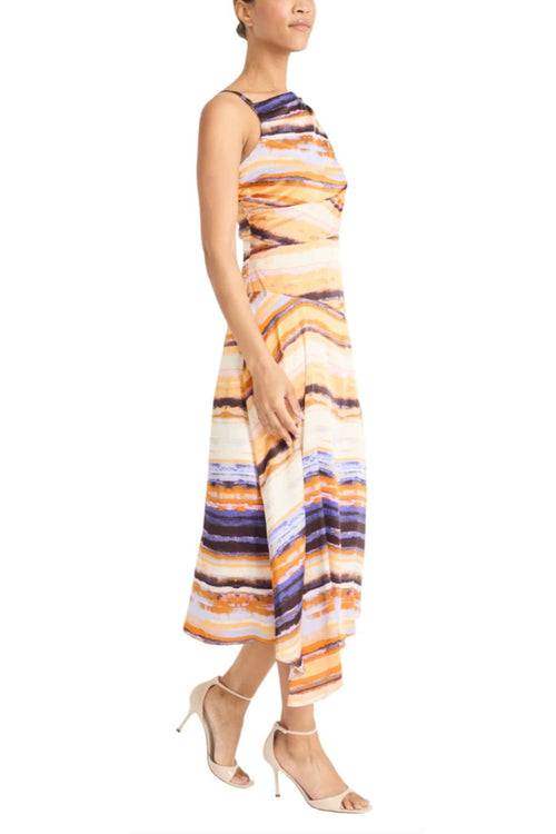Multi Color Asymmetrical Ivory Orange Sleeveless Midi Dress by Maggy London G6434M