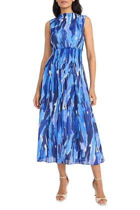 Maggy London G6509M Multi Color Mock Neck Navy Blue Sleeveless Pleated Midi Dress