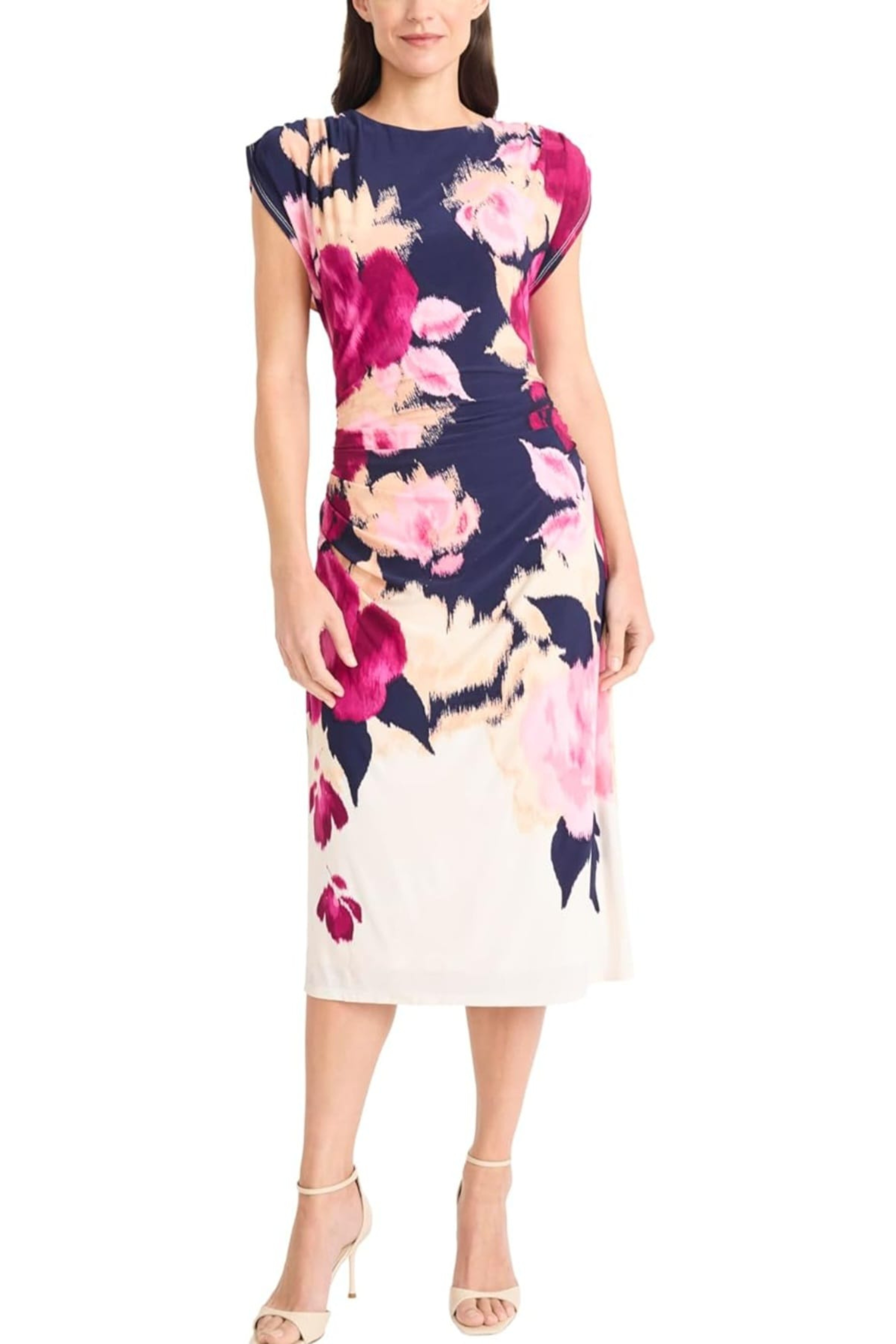 Floral Print Cap Sleeve Navy Pink Shirred Jersey Sheath Dress by Maggy London G6515M
