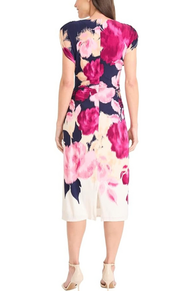 Floral Print Cap Sleeve Navy Pink Shirred Jersey Sheath Dress by Maggy London G6515M