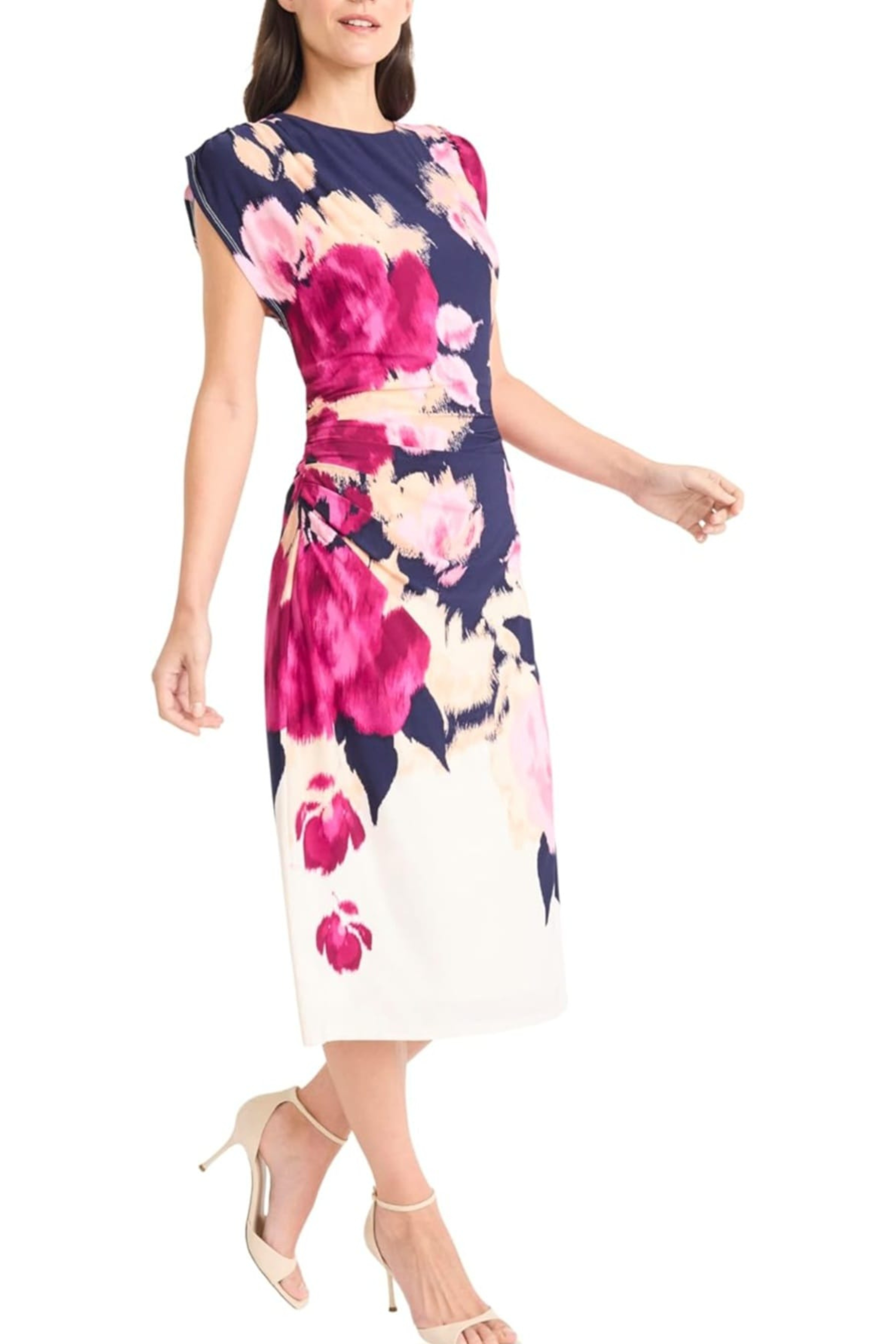 Floral Print Cap Sleeve Navy Pink Shirred Jersey Sheath Dress by Maggy London G6515M