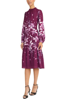 Maggy London G6760M High Neck Long Sleeve Raspberry Plum Floral Print Bubble Crepe Midi Dress