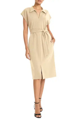 Maggy London GT1036M Collared Split Neck Irish Cream Cap Sleeve Pocket Side Slit Midi Dress