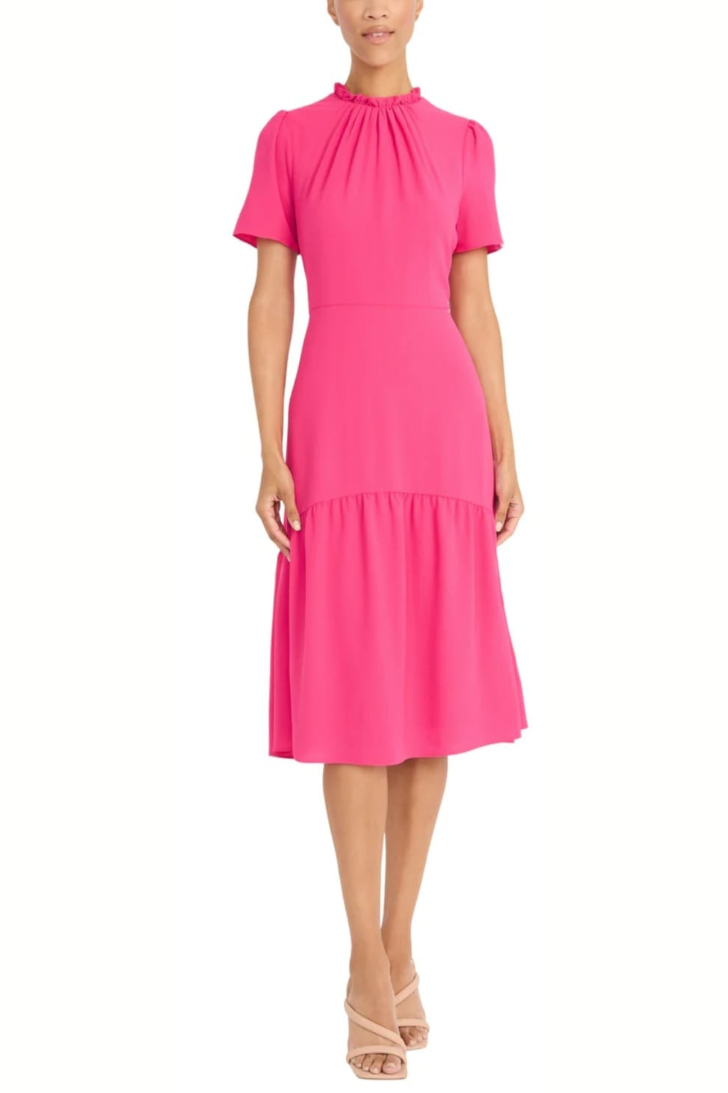 Ruffle Mock Neck Bright Pink and Hyd Lt Blue Short Sleeve Midi Dress by Maggy London GT1041M