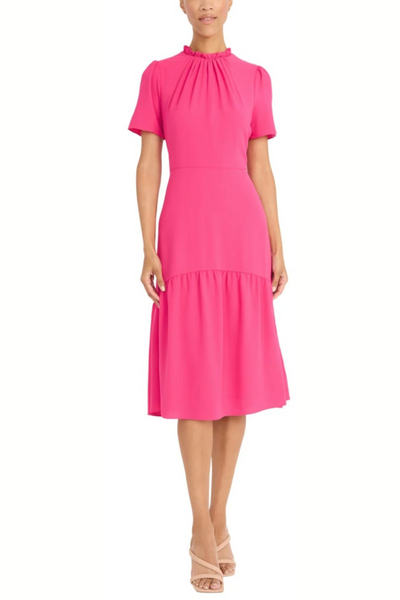 Ruffle Mock Neck Bright Pink and Hyd Lt Blue Short Sleeve Midi Dress by Maggy London GT1041M