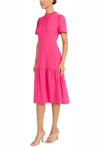 Ruffle Mock Neck Bright Pink and Hyd Lt Blue Short Sleeve Midi Dress by Maggy London GT1041M