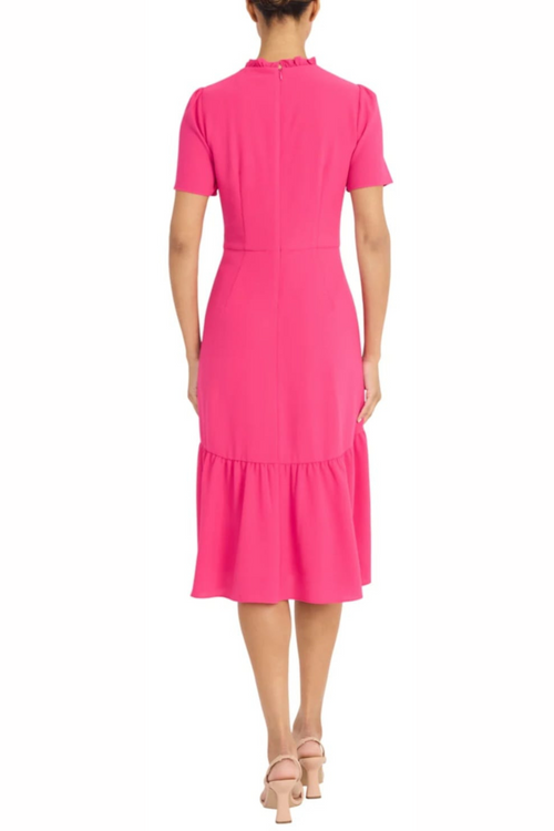 Ruffle Mock Neck Bright Pink and Hyd Lt Blue Short Sleeve Midi Dress by Maggy London GT1041M
