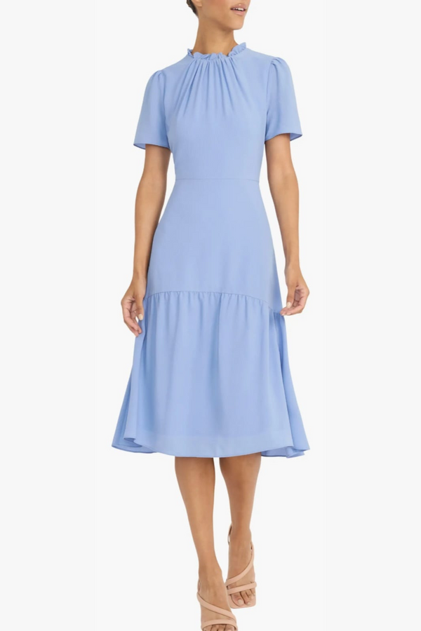 Ruffle Mock Neck Bright Pink and Hyd Lt Blue Short Sleeve Midi Dress by Maggy London GT1041M