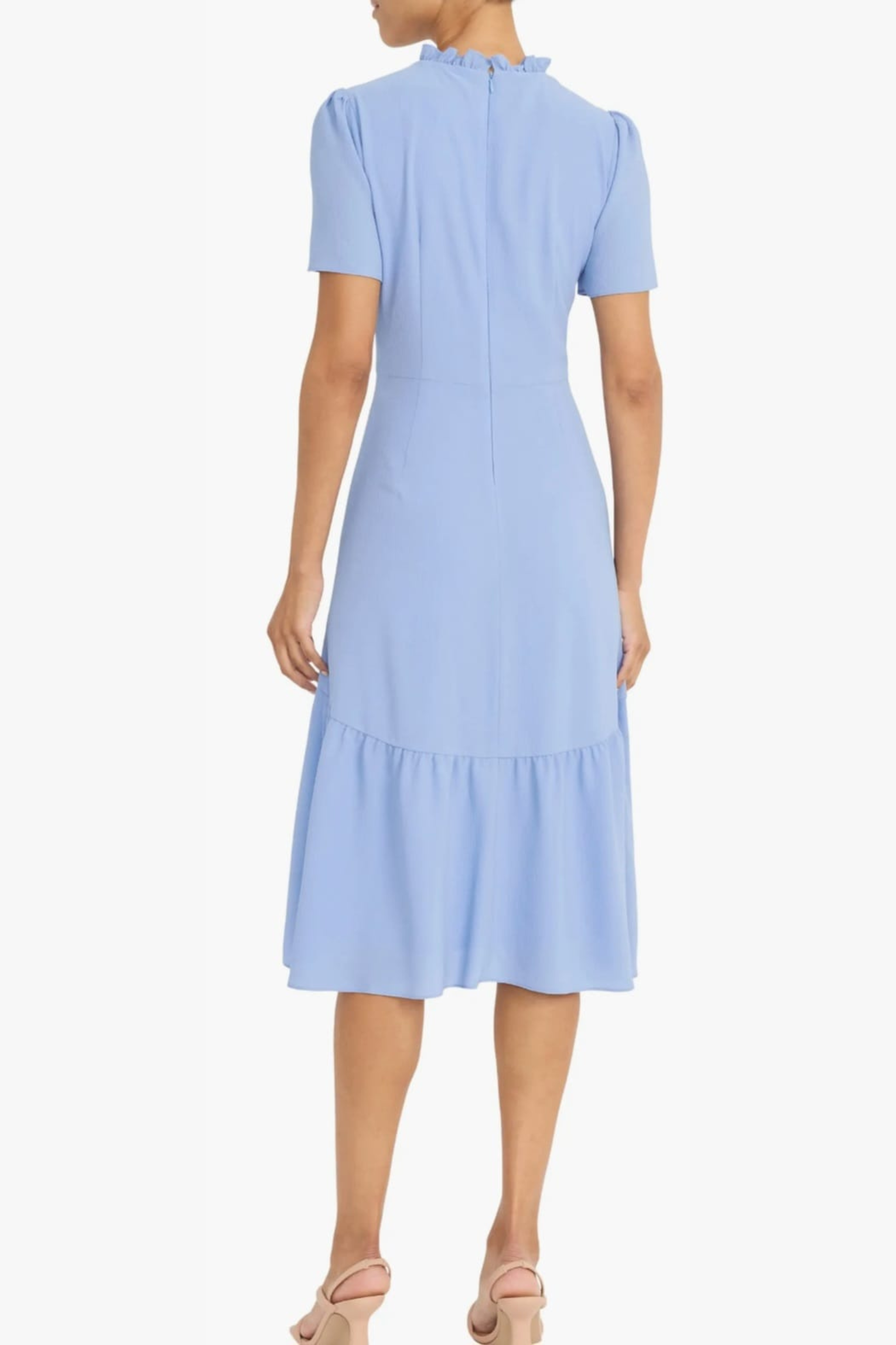 Ruffle Mock Neck Bright Pink and Hyd Lt Blue Short Sleeve Midi Dress by Maggy London GT1041M