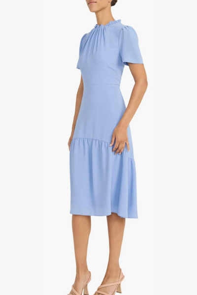 Ruffle Mock Neck Bright Pink and Hyd Lt Blue Short Sleeve Midi Dress by Maggy London GT1041M