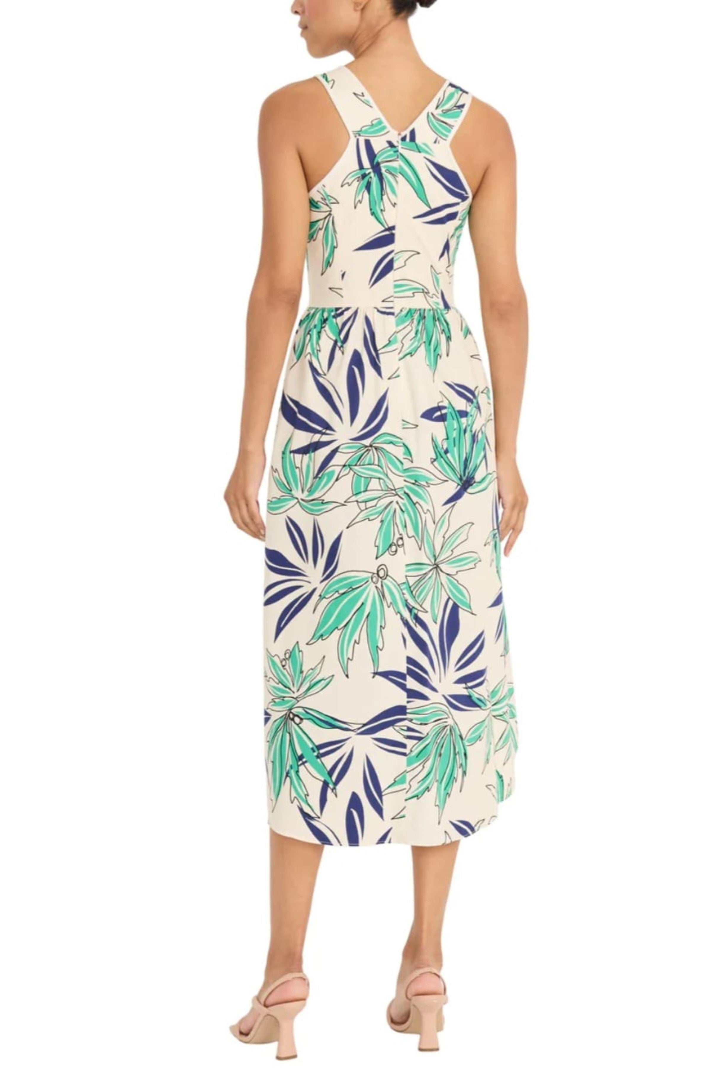 Palm Print High-Low Ivory Green Sleeveless Pocket Midi Dress by Maggy London GT1049M