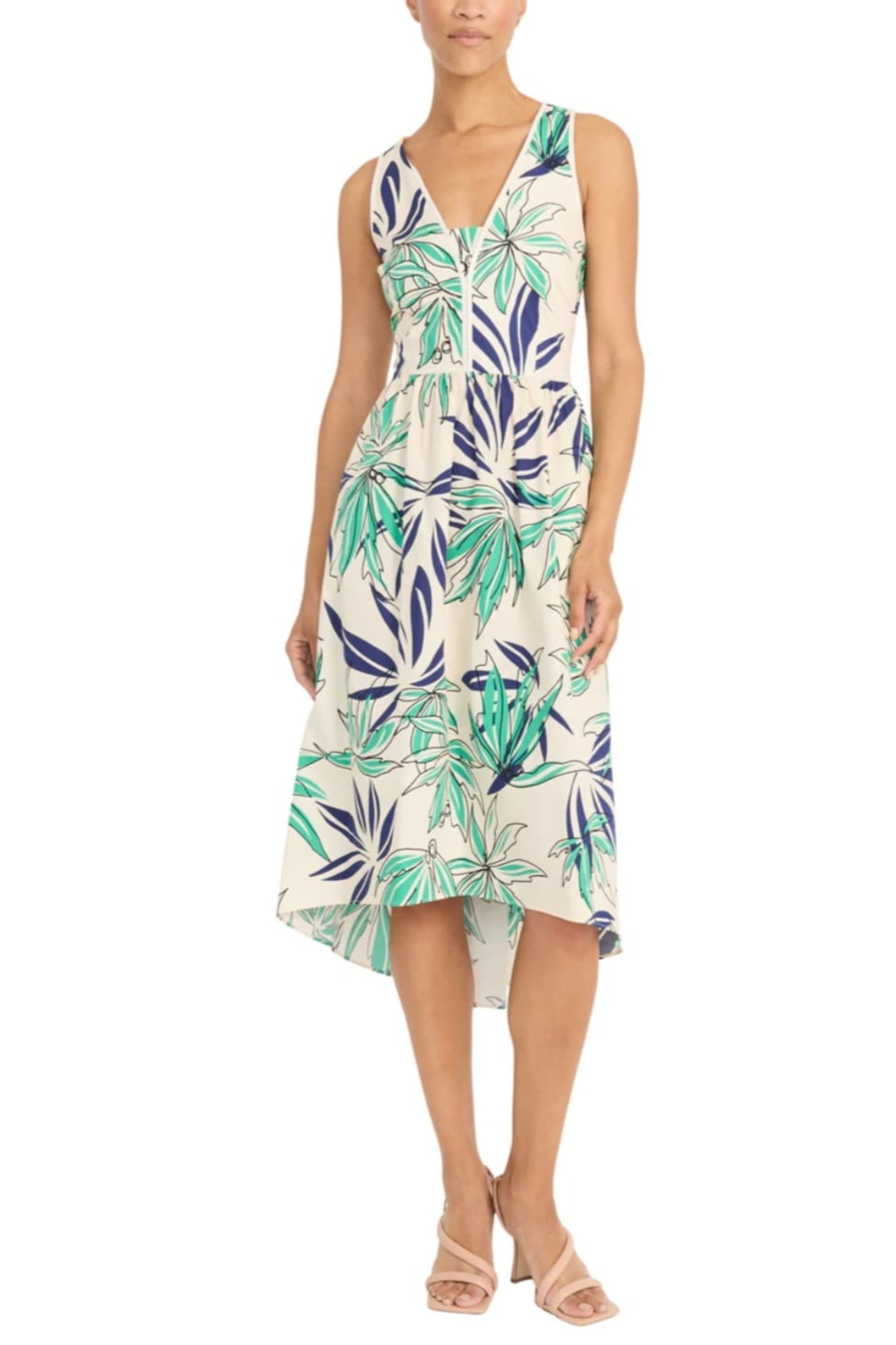 Palm Print High-Low Ivory Green Sleeveless Pocket Midi Dress by Maggy London GT1049M