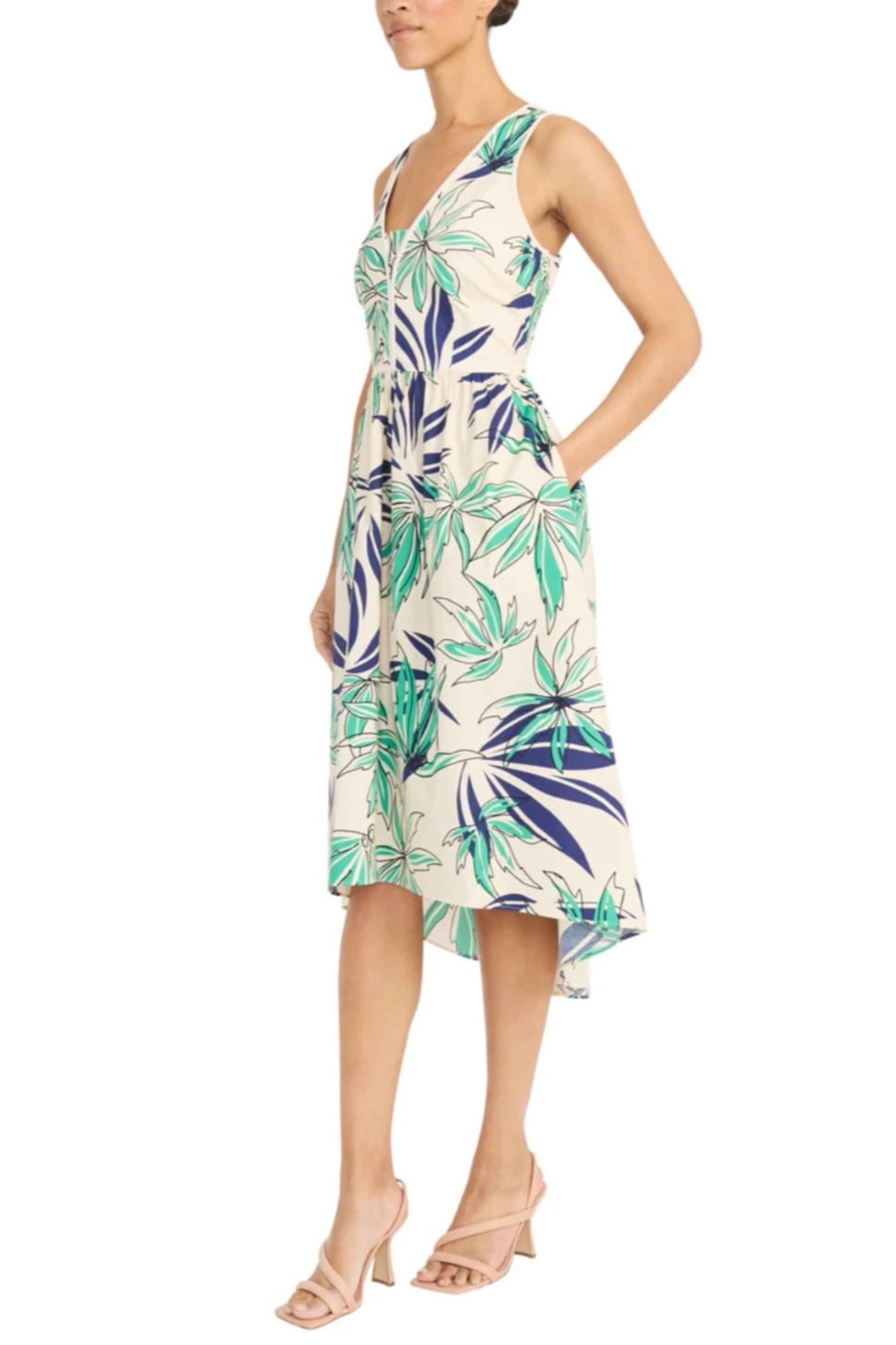 Palm Print High-Low Ivory Green Sleeveless Pocket Midi Dress by Maggy London GT1049M