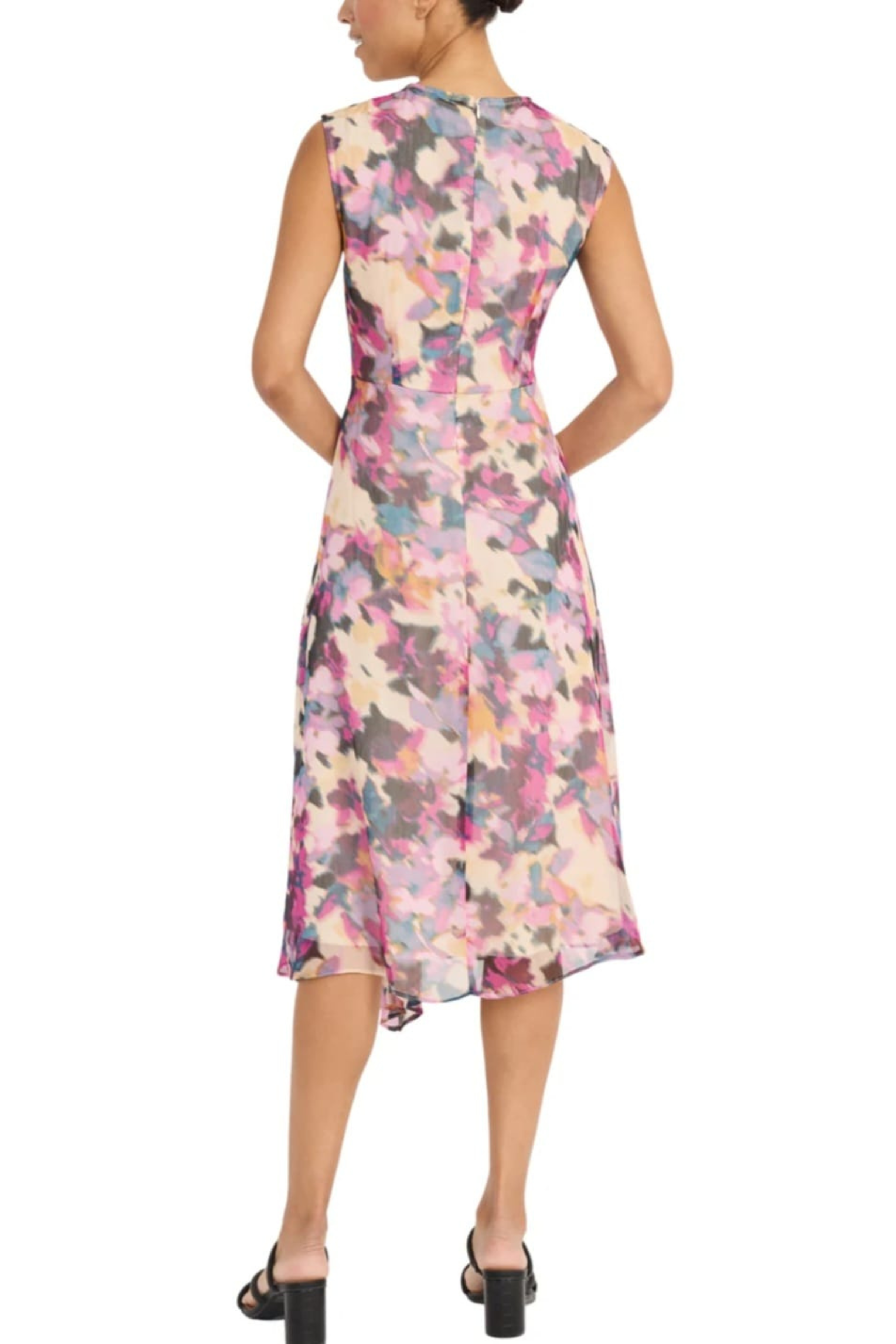 Multi Color Sheath Plum Natural Sleeveless Asymmetrical Hem Chiffon Midi Dress by Maggy London GT1075M