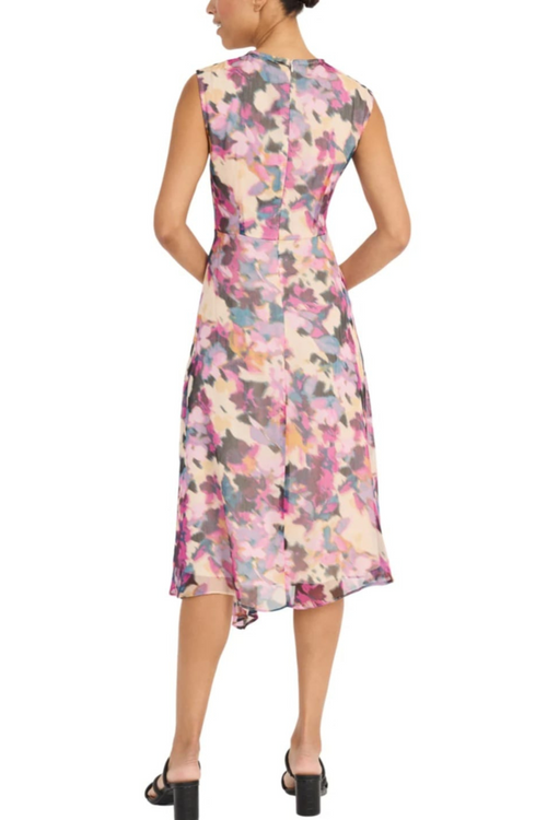 Multi Color Sheath Plum Natural Sleeveless Asymmetrical Hem Chiffon Midi Dress by Maggy London GT1075M