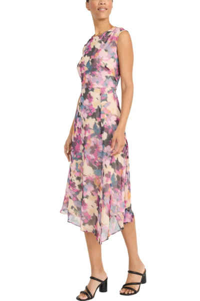 Multi Color Sheath Plum Natural Sleeveless Asymmetrical Hem Chiffon Midi Dress by Maggy London GT1075M