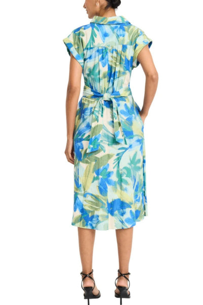 Collared Button Down Aqua Blue Sash Belt Pocket A-Line Dress by Maggy London GT1078M