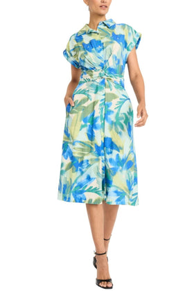 Maggy London GT1078M Collared Button Down Aqua Blue Sash Belt Pocket A-Line Dress