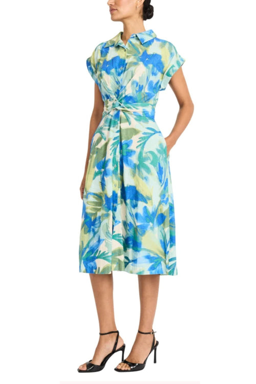 Collared Button Down Aqua Blue Sash Belt Pocket A-Line Dress by Maggy London GT1078M