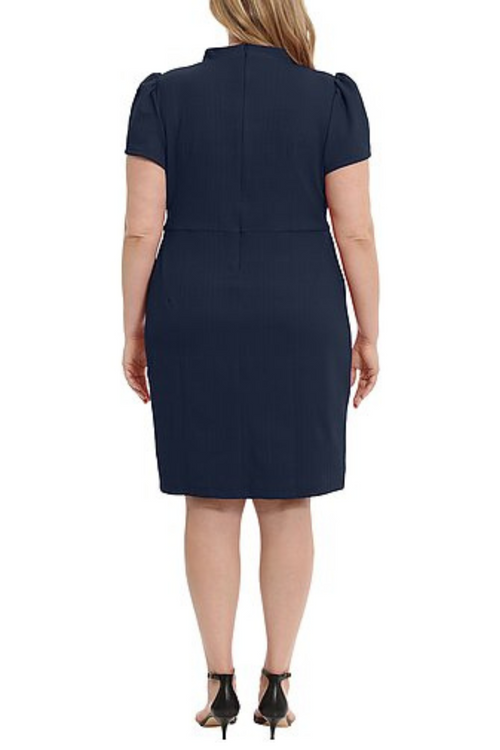 Short Sleeve Tie Neck Dark Navy and Red Mock Neck Spandex Jacquard Sheath Dress by Maggy London GT145M
