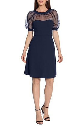 Maggy London GT438M Short Sheer Puff Sleeve Twilight Navy Sweetheart Neckline Short Sleeve V-Back Scuba Crepe Mesh Dress
