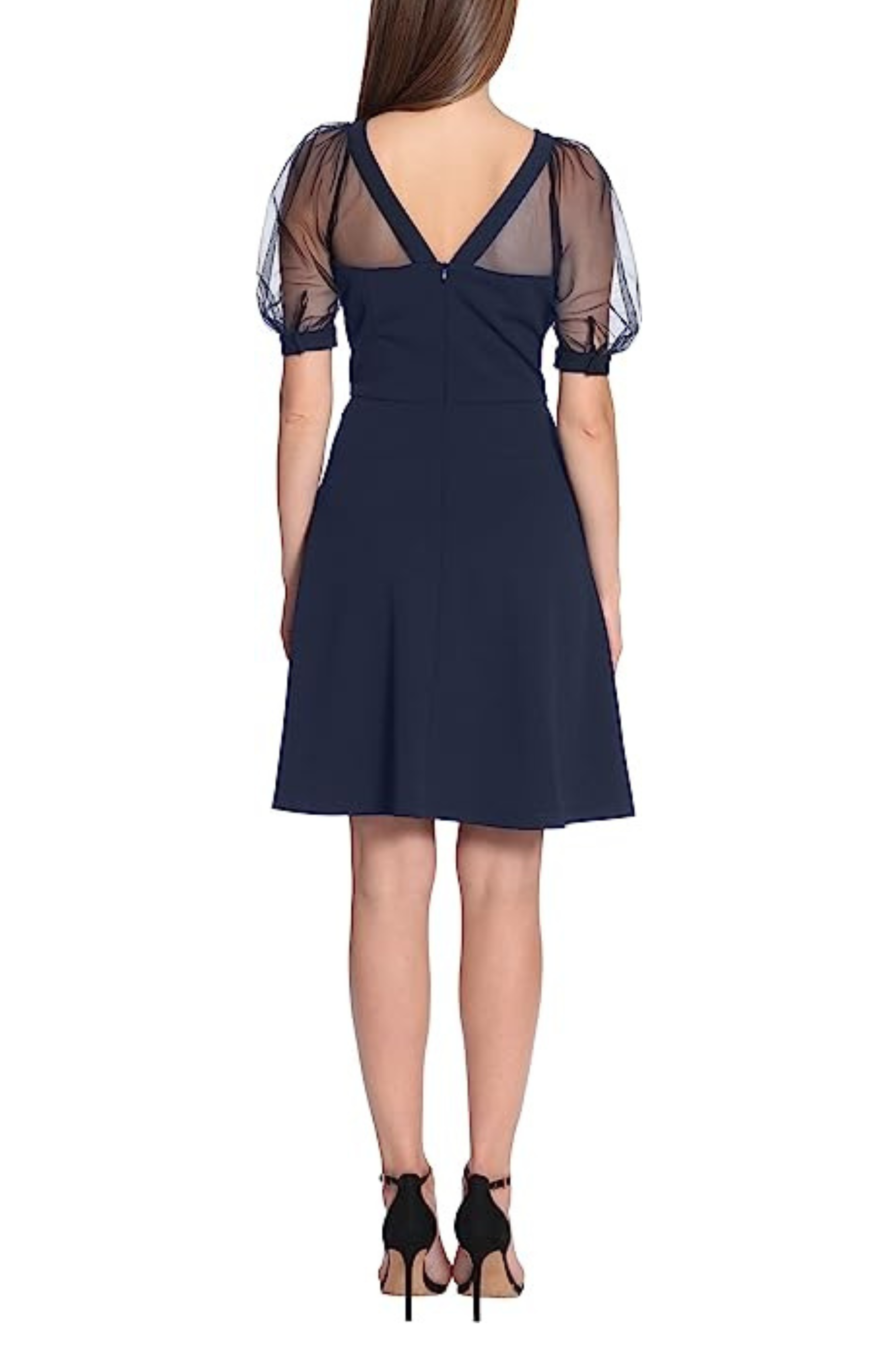 Short Sheer Puff Sleeve Twilight Navy Sweetheart Neckline Short Sleeve V-Back Scuba Crepe Mesh Dress by Maggy London GT438M