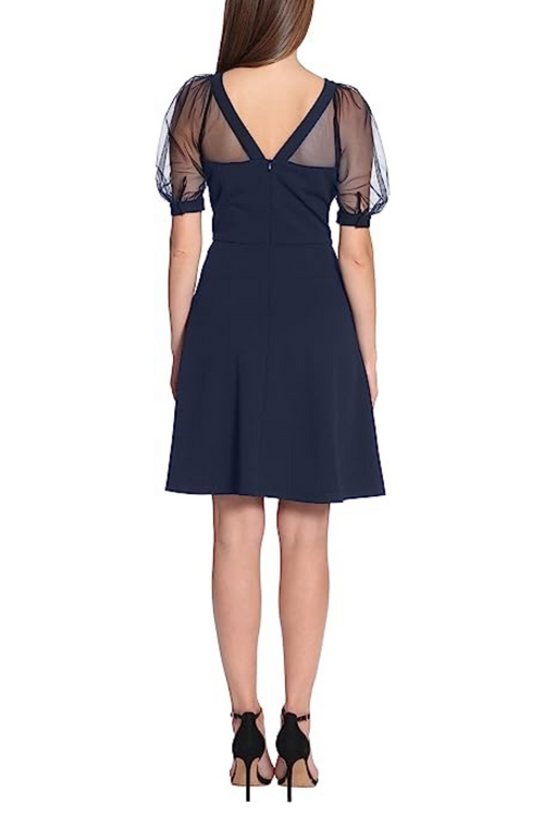 Short Sheer Puff Sleeve Twilight Navy Sweetheart Neckline Short Sleeve V-Back Scuba Crepe Mesh Dress by Maggy London GT438M