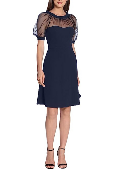Short Sheer Puff Sleeve Twilight Navy Sweetheart Neckline Short Sleeve V-Back Scuba Crepe Mesh Dress by Maggy London GT438M