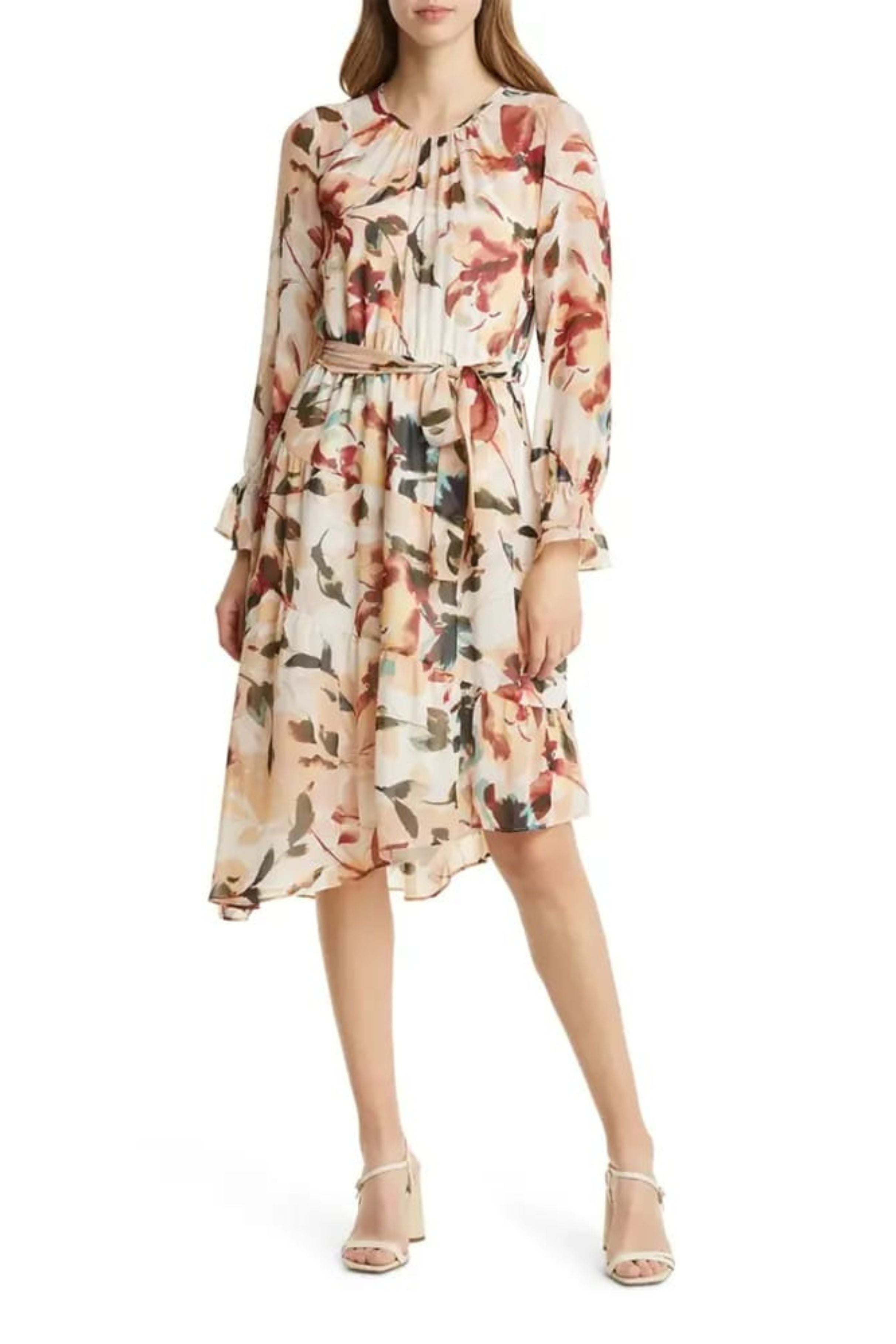Floral Print Chiffon A-Line Day Beige Heen Long Sleeve Side Tie High Low Dress by Maggy London GT473M