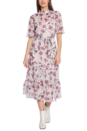 Maggy London GT483M Chiffon Floral Sand Berry Short Sleeve Floral Print Sash Belt Maxi Dress