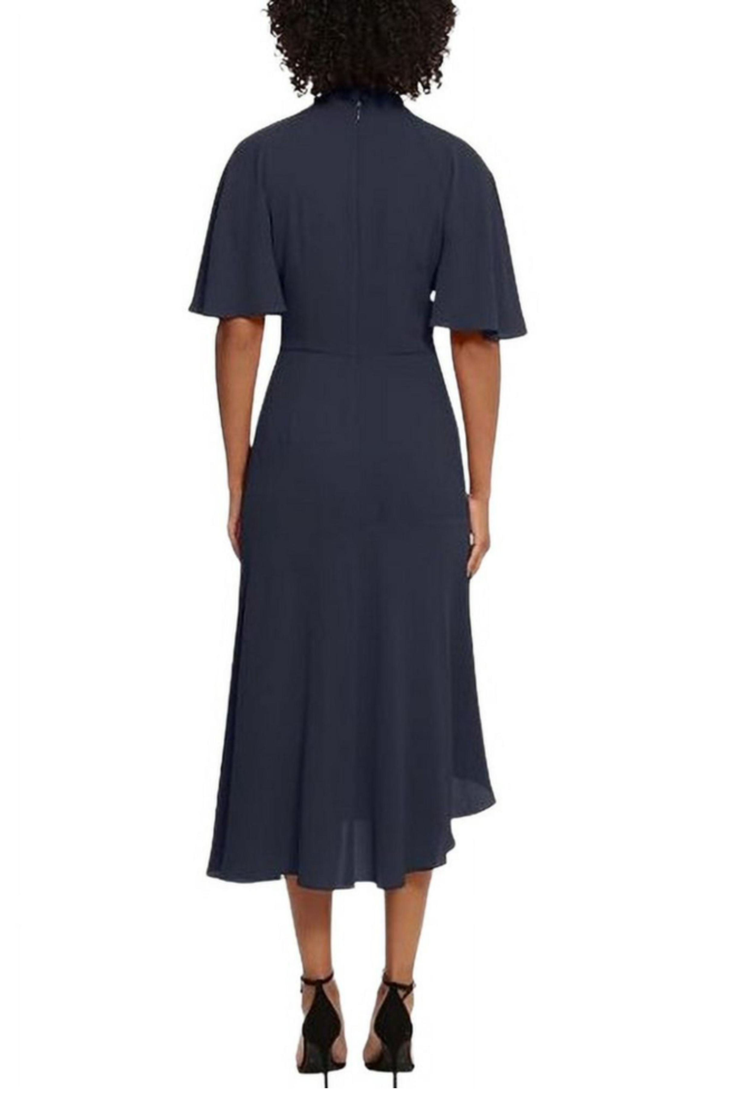 Twisted Mock Neck Asymmetrical Navy Blue Short Flutter Sleeve Bubble Crepe Dress by Maggy London G3570M