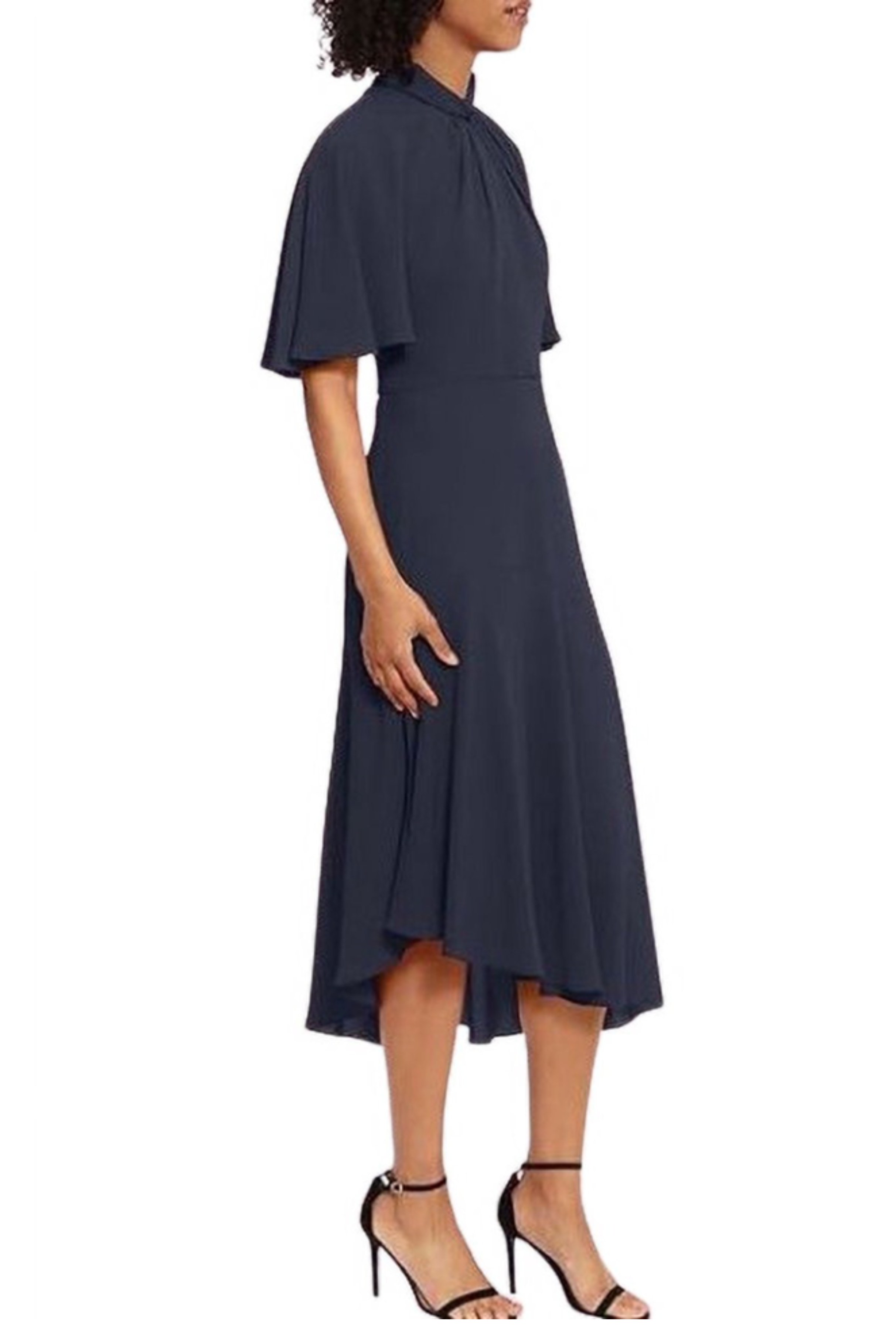 Twisted Mock Neck Asymmetrical Navy Blue Short Flutter Sleeve Bubble Crepe Dress by Maggy London G3570M