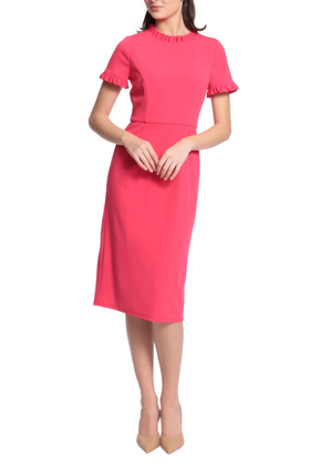Maggy London G5120M Ruffle-Detail Front Pocket Rose Red Crew Neckline Short Sleeve Side Slit Scuba Crepe Dress