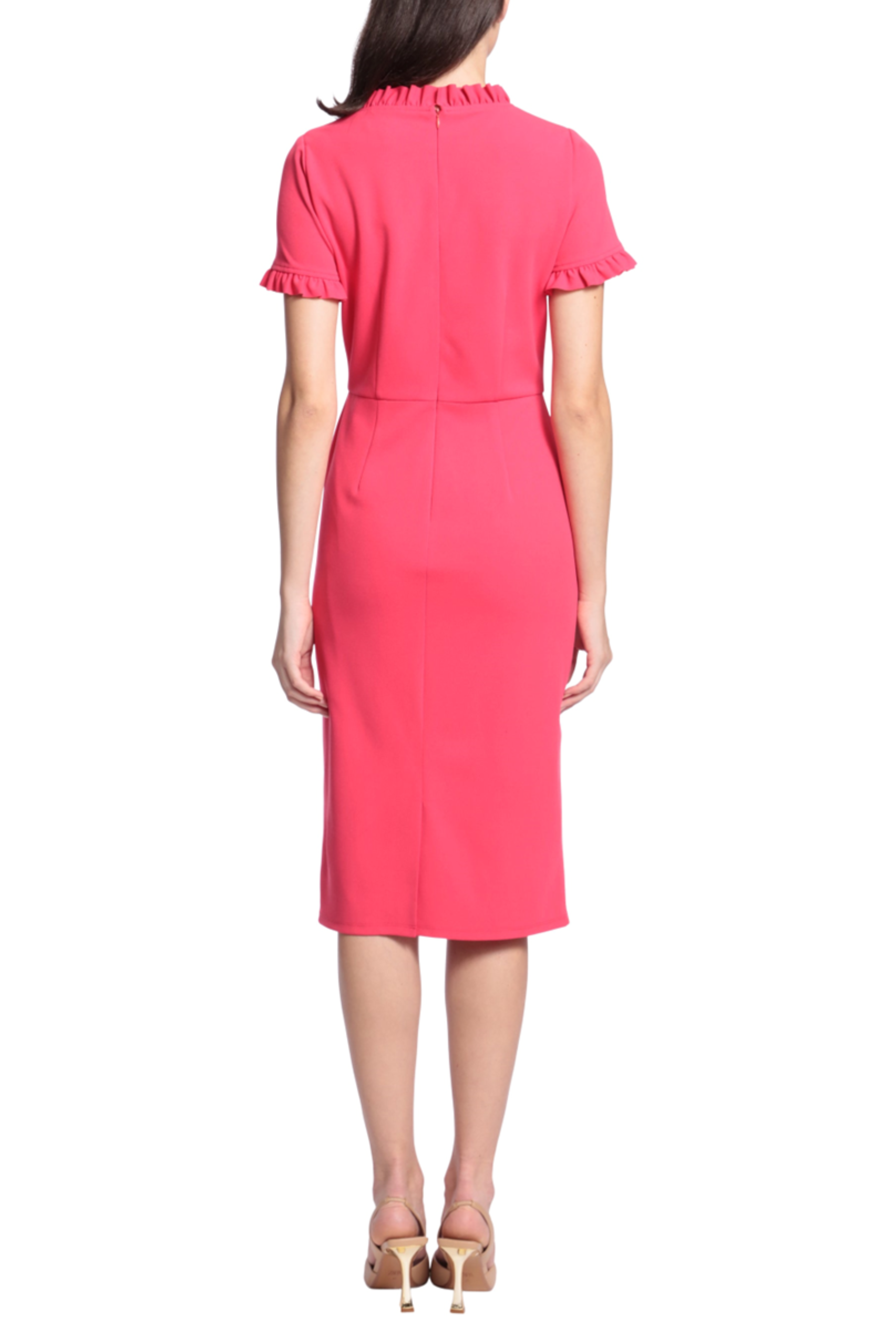 Ruffle-Detail Front Pocket Rose Red Crew Neckline Short Sleeve Side Slit Scuba Crepe Dress by Maggy London G5120M