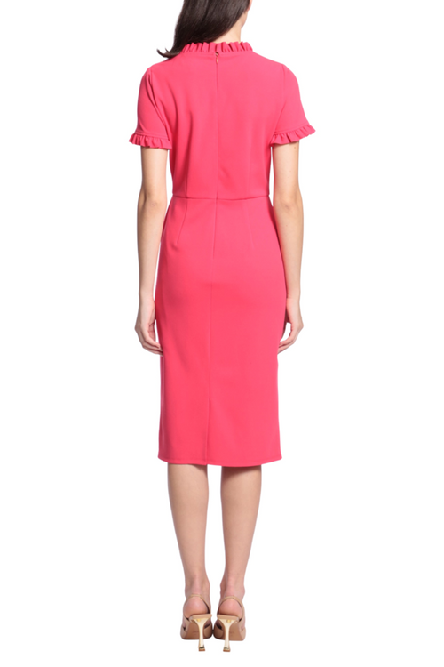 Ruffle-Detail Front Pocket Rose Red Crew Neckline Short Sleeve Side Slit Scuba Crepe Dress by Maggy London G5120M