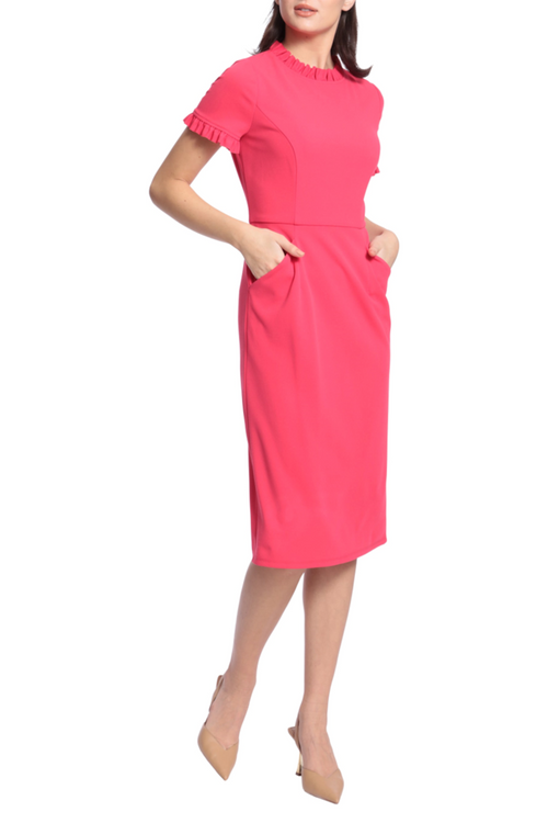 Ruffle-Detail Front Pocket Rose Red Crew Neckline Short Sleeve Side Slit Scuba Crepe Dress by Maggy London G5120M