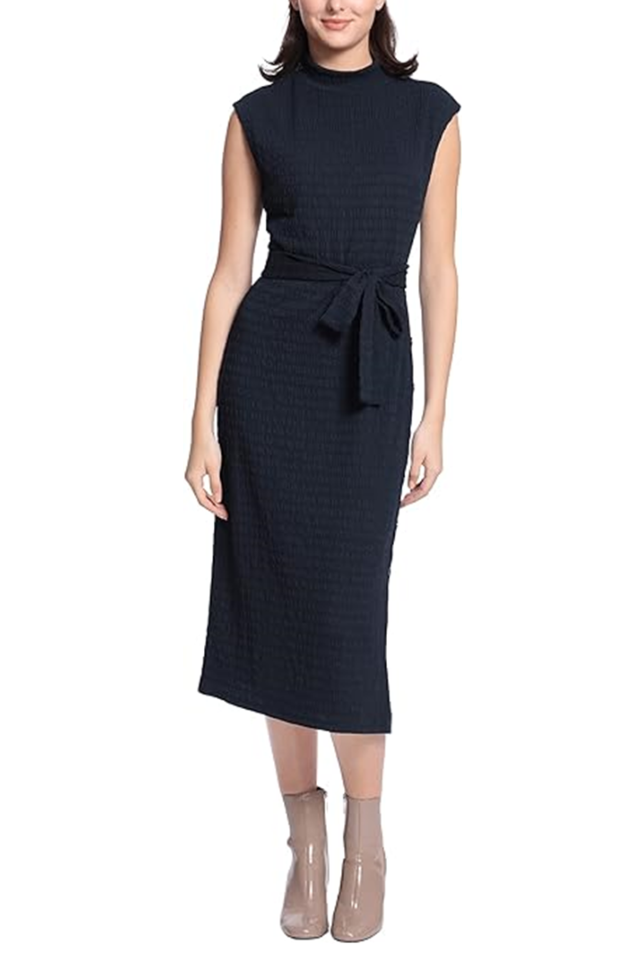 Cap Sleeve Mock Neck Belted Navy Sash Belt Crinkled Knit Dress by Maggy London G5139M