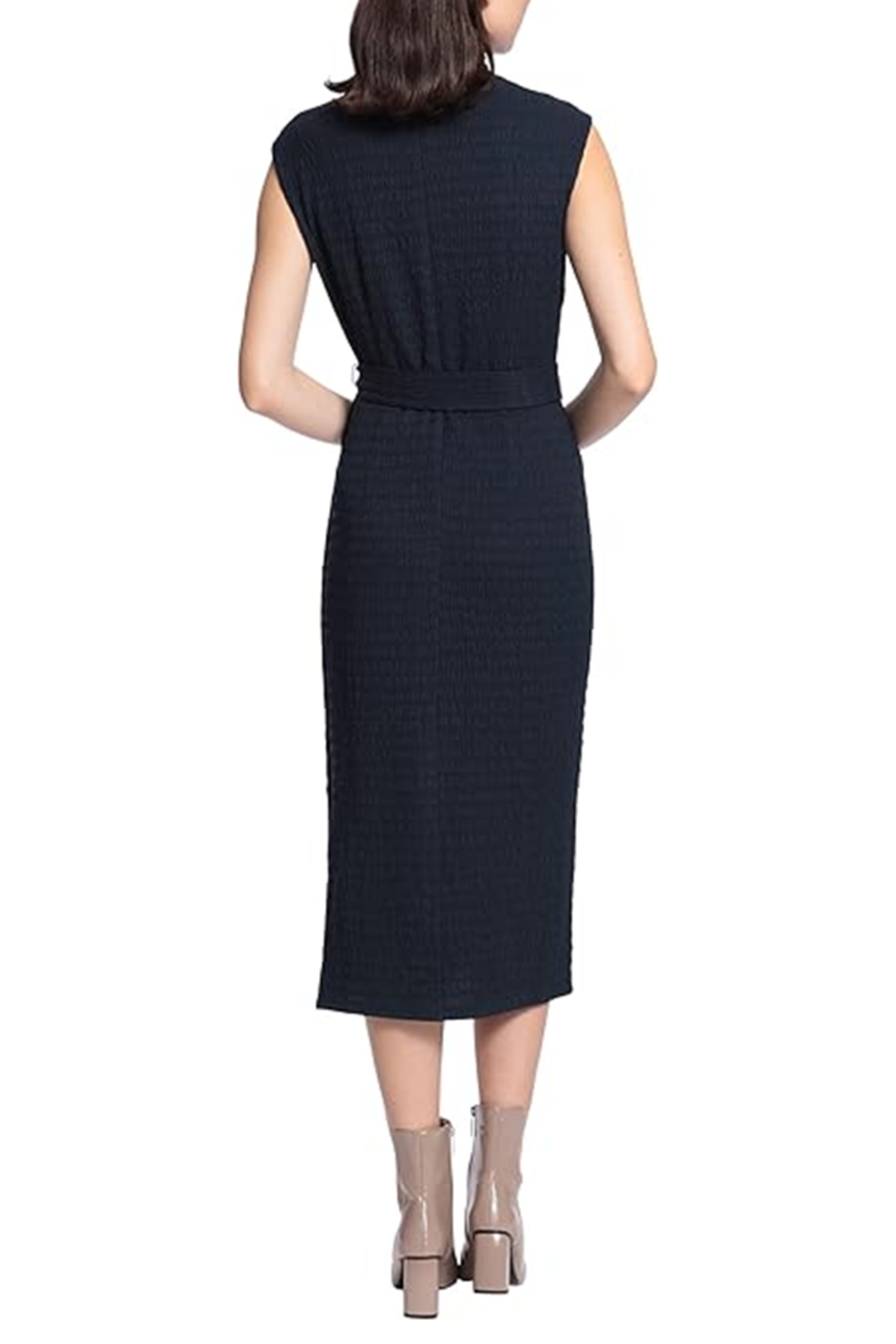 Cap Sleeve Mock Neck Belted Navy Sash Belt Crinkled Knit Dress by Maggy London G5139M