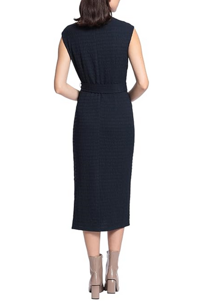 Cap Sleeve Mock Neck Belted Navy Sash Belt Crinkled Knit Dress by Maggy London G5139M