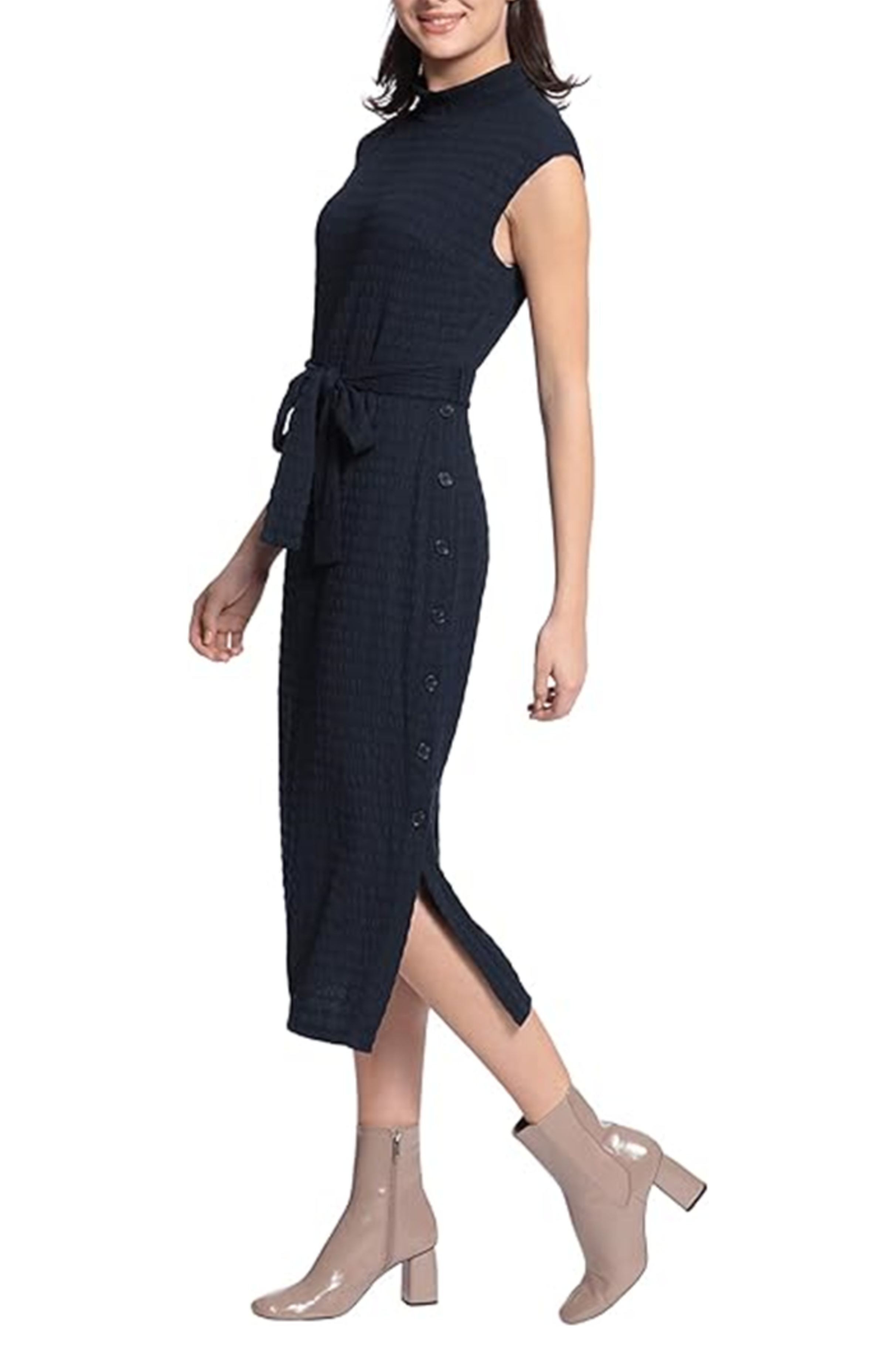 Cap Sleeve Mock Neck Belted Navy Sash Belt Crinkled Knit Dress by Maggy London G5139M