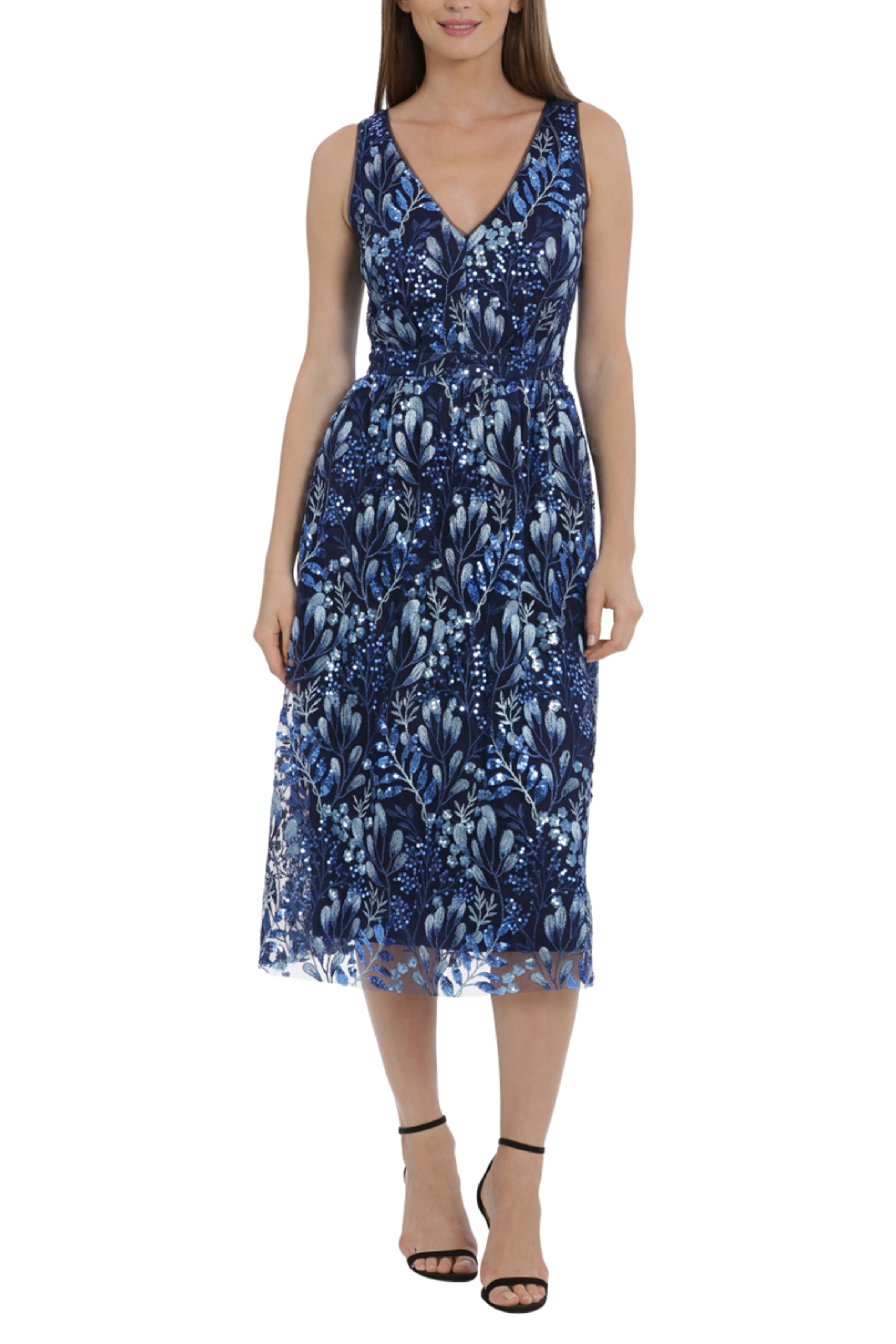 Embroidered Sequin Floral Blue Multi V-Neck Sleeveless Floral Print Sequin Embroidered Tulle Dress by Maggy London G5400M
