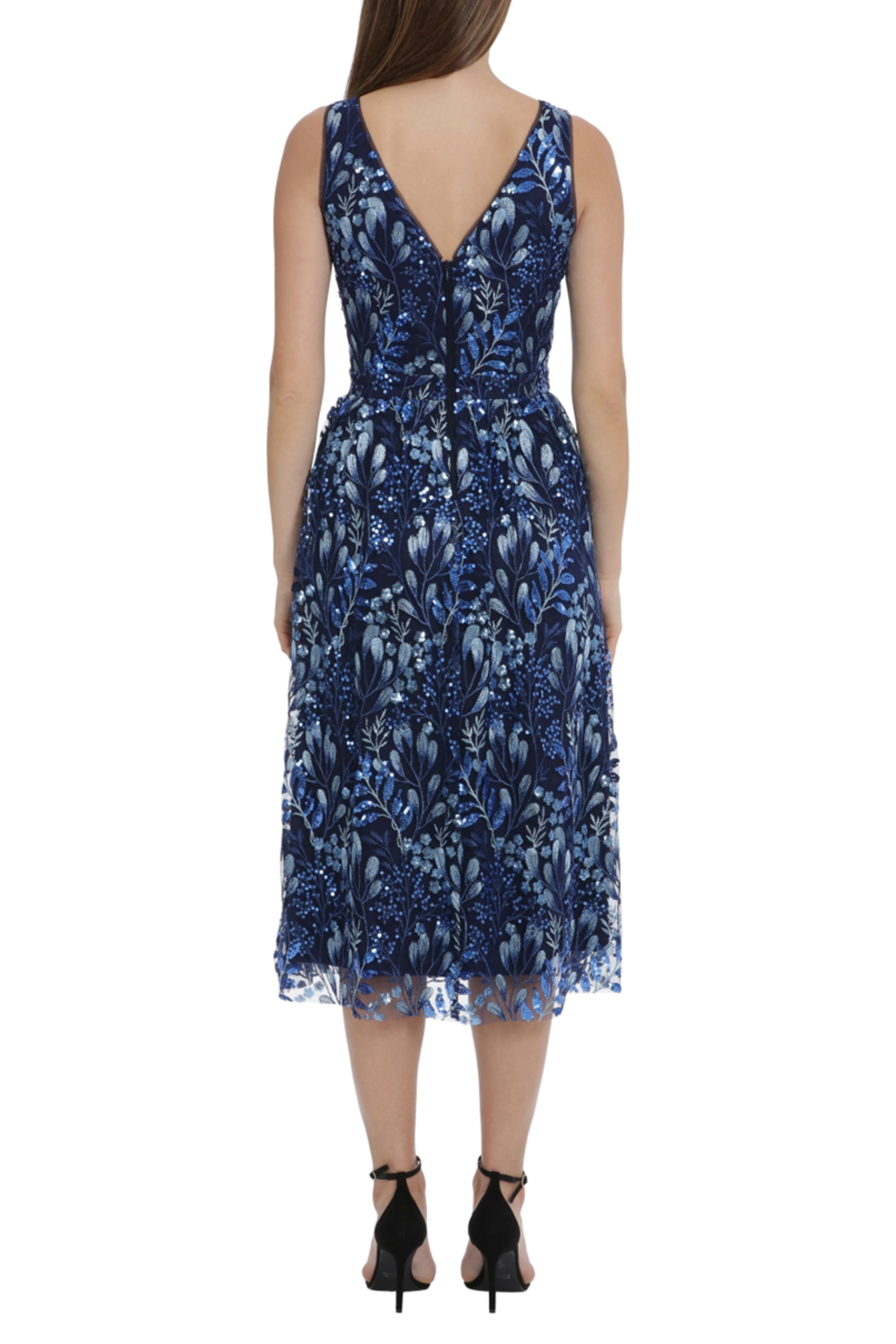 Embroidered Sequin Floral Blue Multi V-Neck Sleeveless Floral Print Sequin Embroidered Tulle Dress by Maggy London G5400M